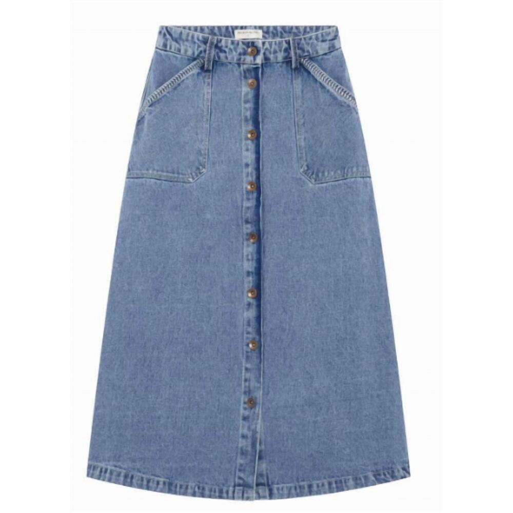 Denim Button-Front Midi Skirt - Blue